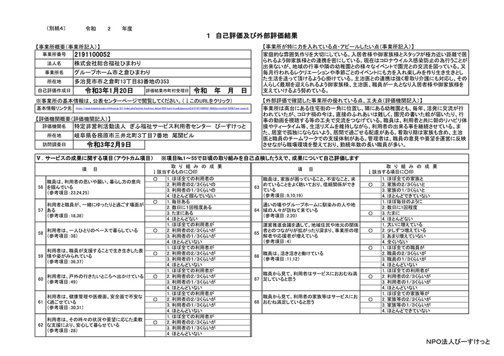 岐阜県多治見市の総合福祉ひまわり 令和２年度グループホーム市之倉ひまわり　評価票（最終版）1